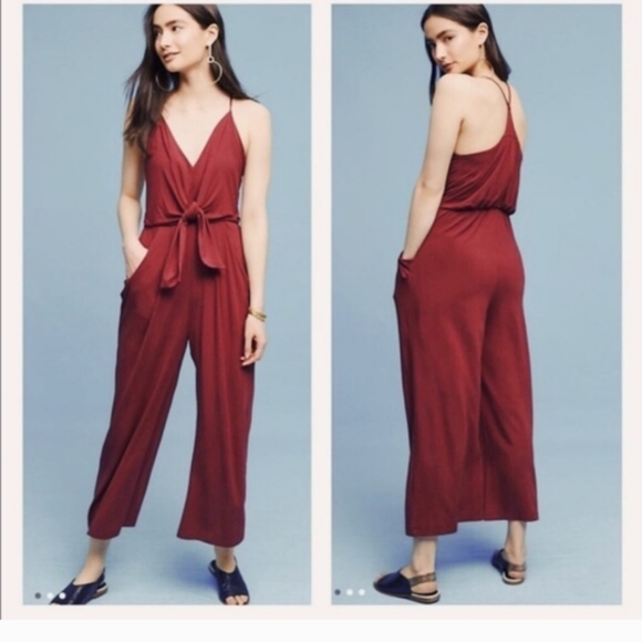 Anthropologie Willa WILLA Tie Waist Burgundy Red Draped Jumpsuit Large - Picture 15 of 15